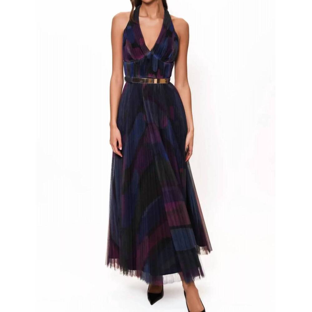 NEW HUTCH liona pleated tulle halter fitted gown in multicolor